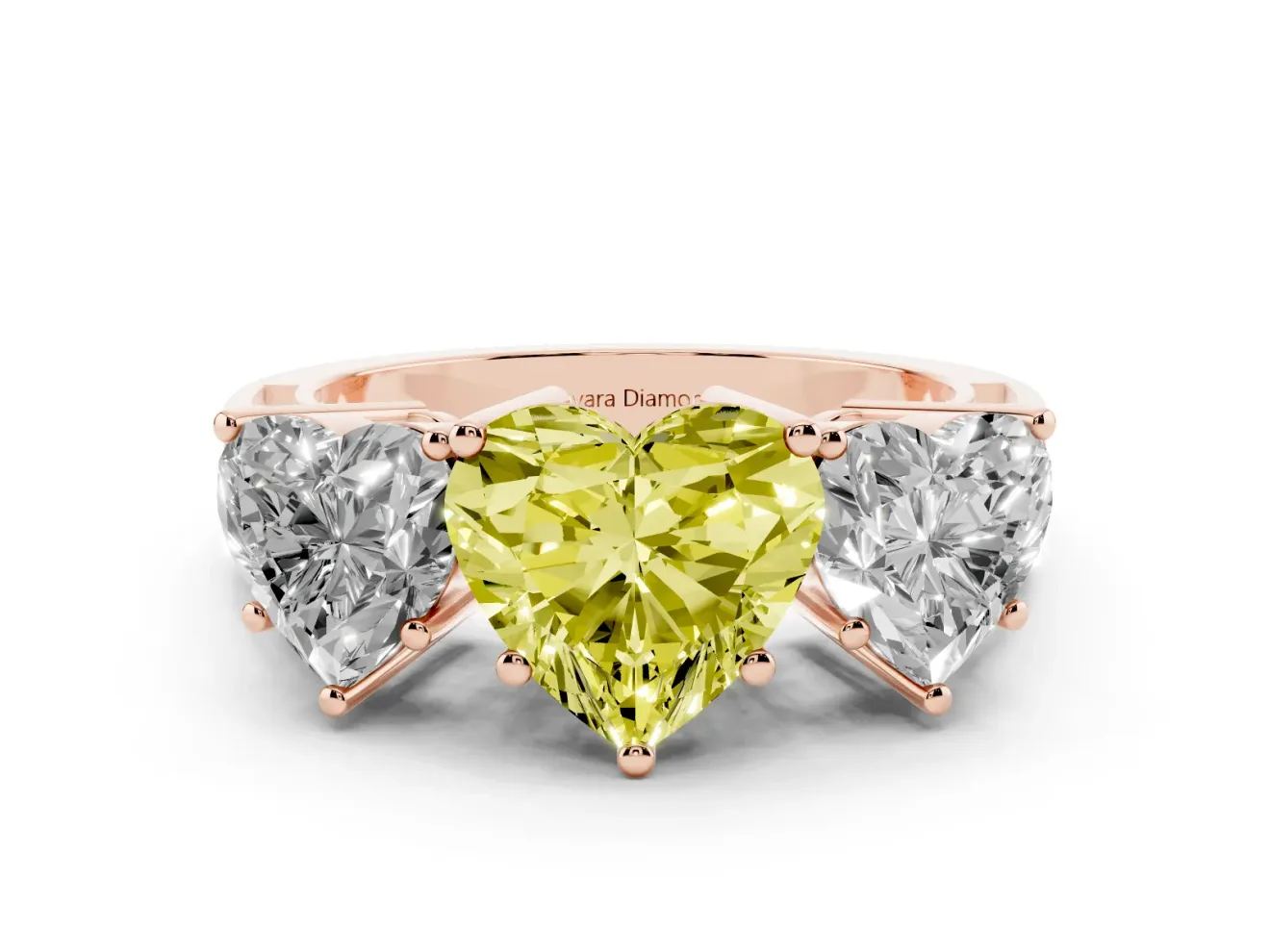 Heart-Shaped Three Stone Engagement Ring Setting for a Fancy Yellow Lab-Grown Diamond | Beaded Shoulders | Rose Gold