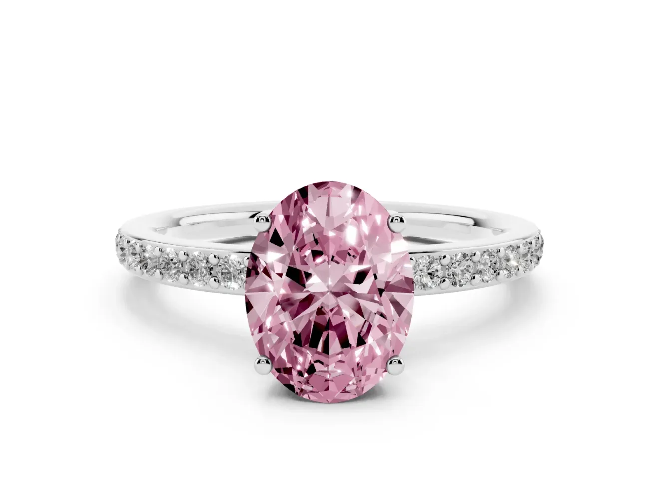 Fancy Pink Oval Cut Diamond Pavé Band Ring Set in Silver with Prong-Set Center Stone