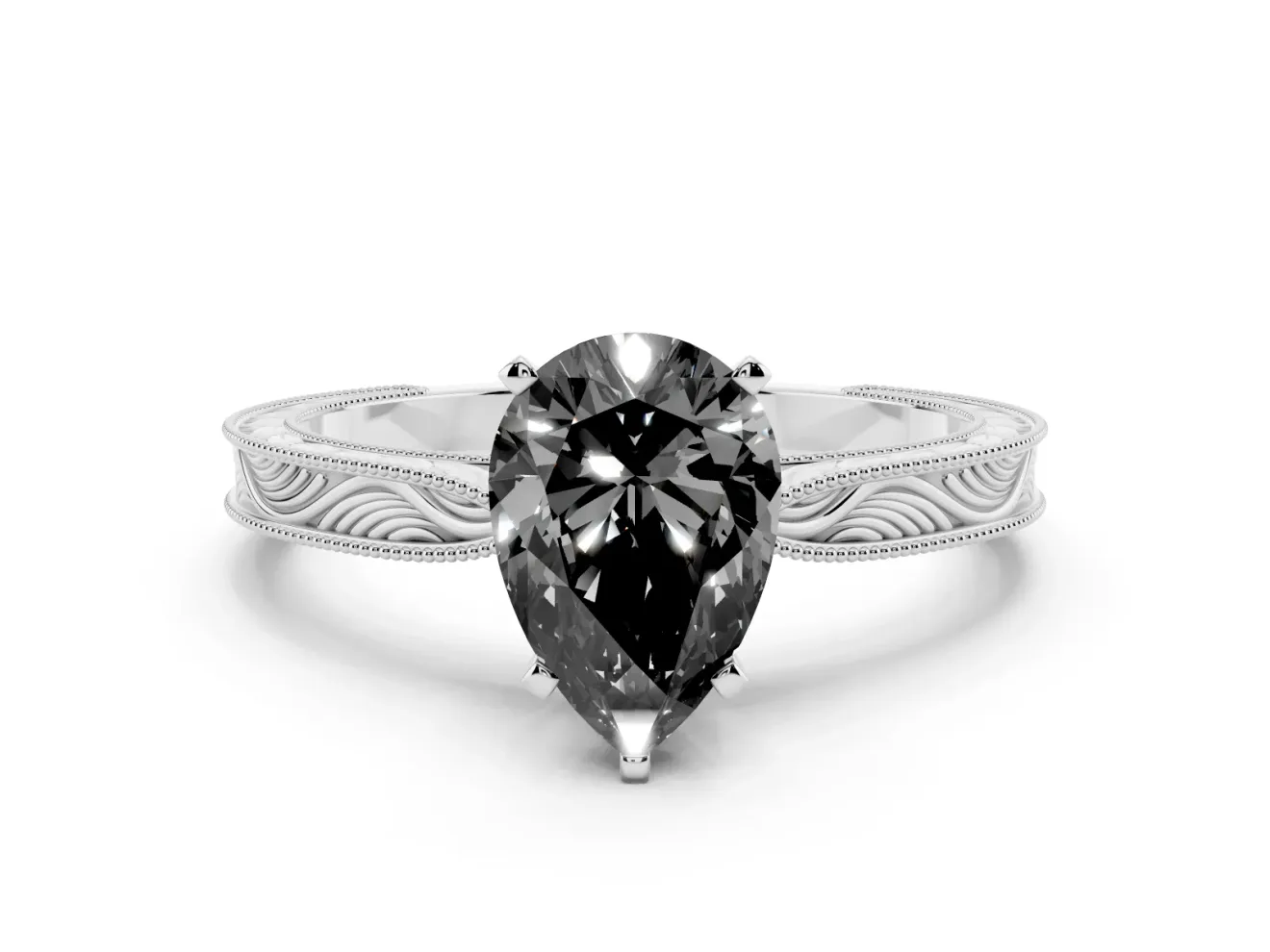 Fancy Black Pear Cut Diamond Solitaire Milgrain Engraved Band Set in Silver with Prong Setting