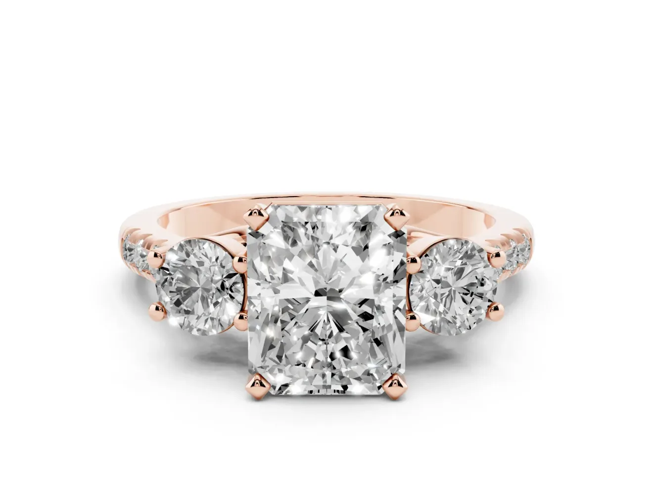 Radiant Cut Three-Stone Pavé Engagement Ring Setting | Round Side Stones | Rose Gold