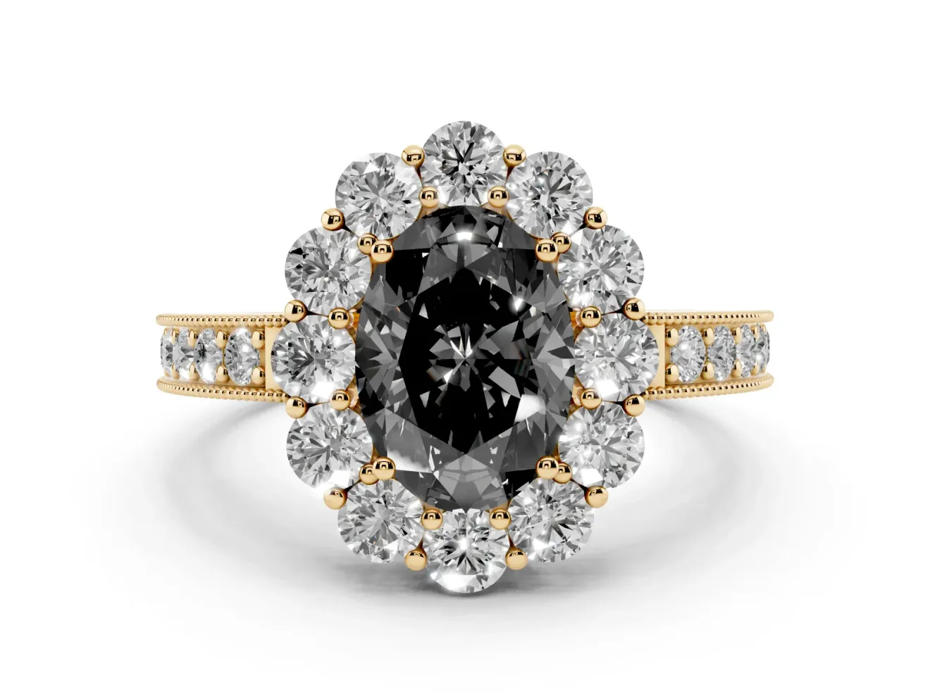 Oval Vintage Halo Engagement Ring Setting for a Black Center | Milgrain Channel Band | Yellow Gold