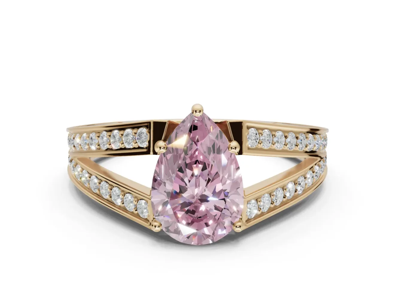 Pear-Shaped Split Shank Pavé Engagement Ring Setting for a Fancy Pink Lab-Grown Diamond | Yellow Gold