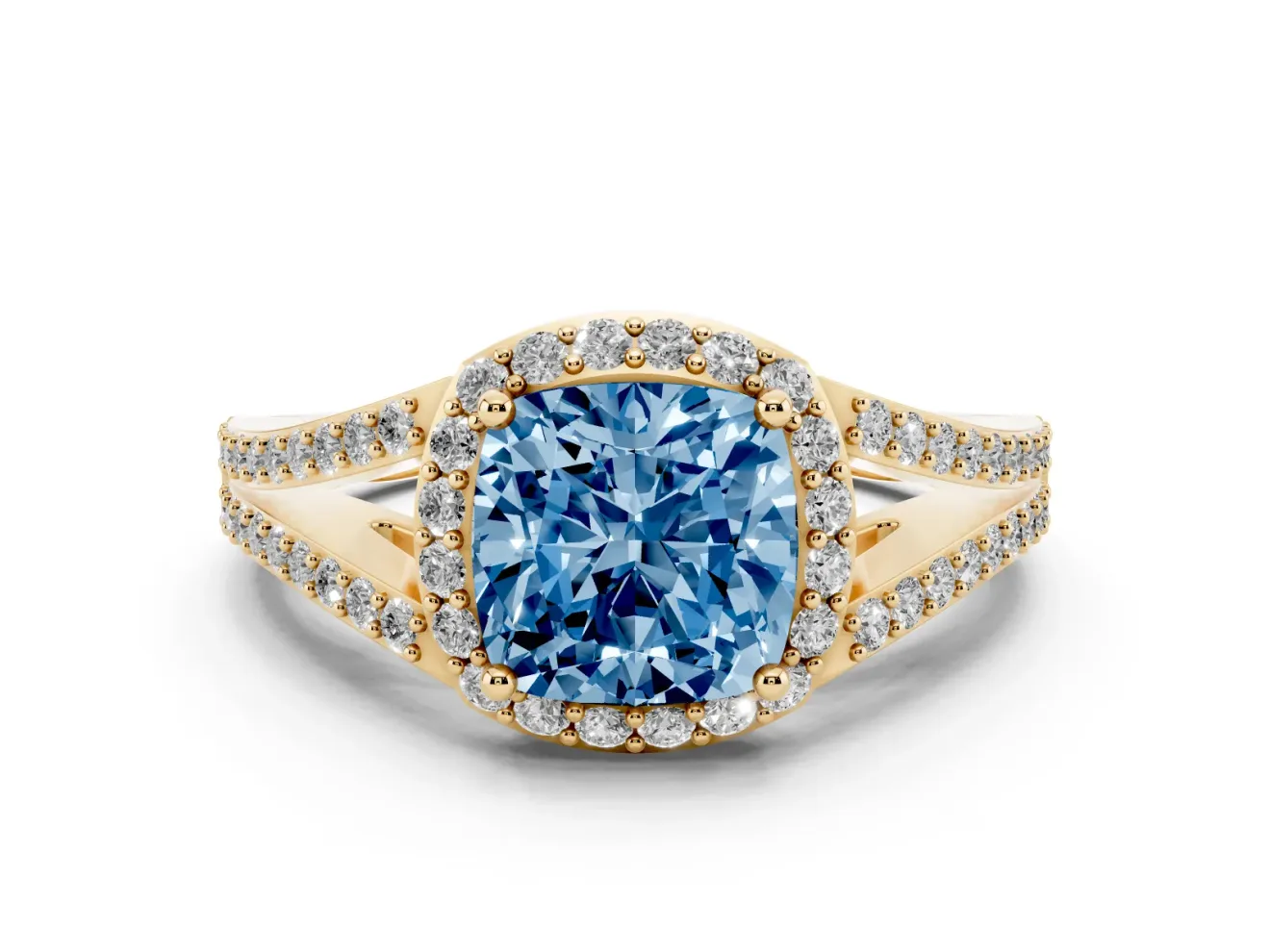 Cushion Cut Halo Engagement Ring Setting for a Fancy Blue Lab-Grown Diamond | V-Split Pavé Band | Yellow Gold