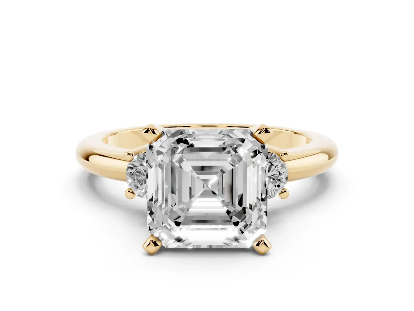 Three-Stone Asscher Cut Diamond Ring Set in Yellow gold with Prong Setting and Plain Band