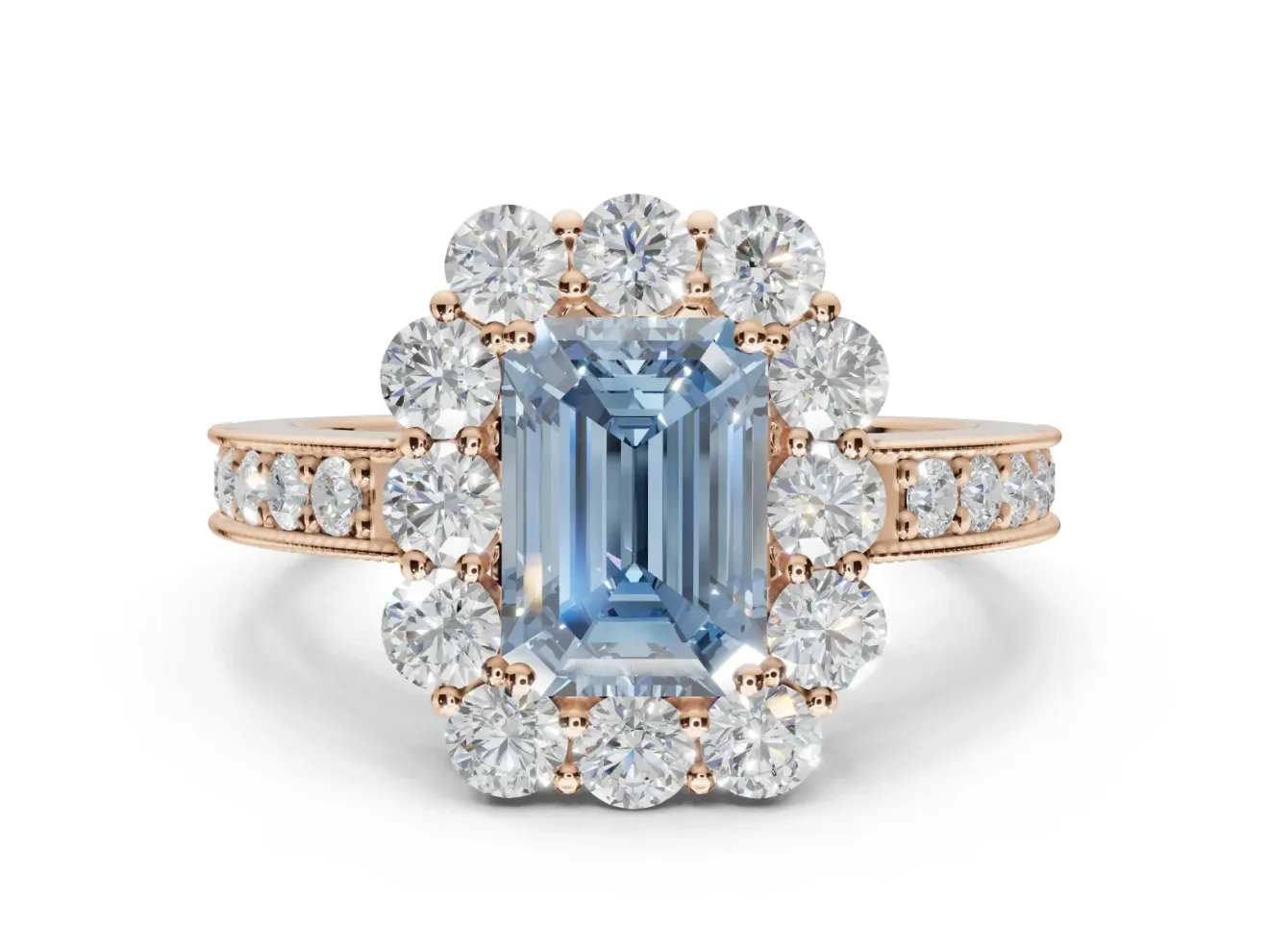 Emerald Cut Vintage Halo Engagement Ring Setting for a Fancy Blue Lab-Grown Diamond | Rose Gold