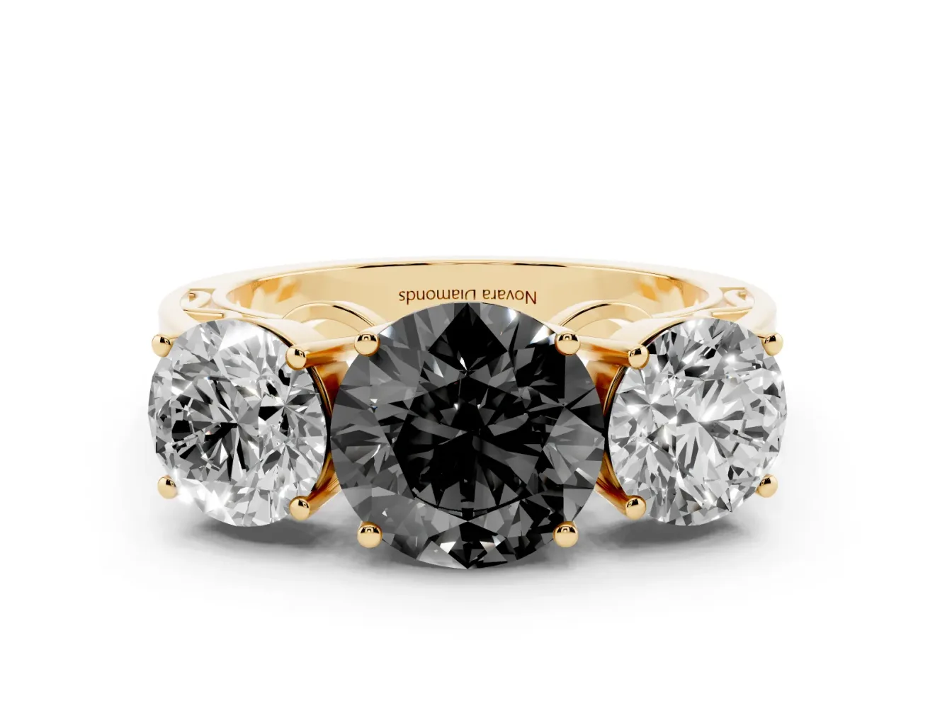 Round Three Stone Engagement Ring Setting for a Black Center | Beaded Shoulders | Yellow Gold