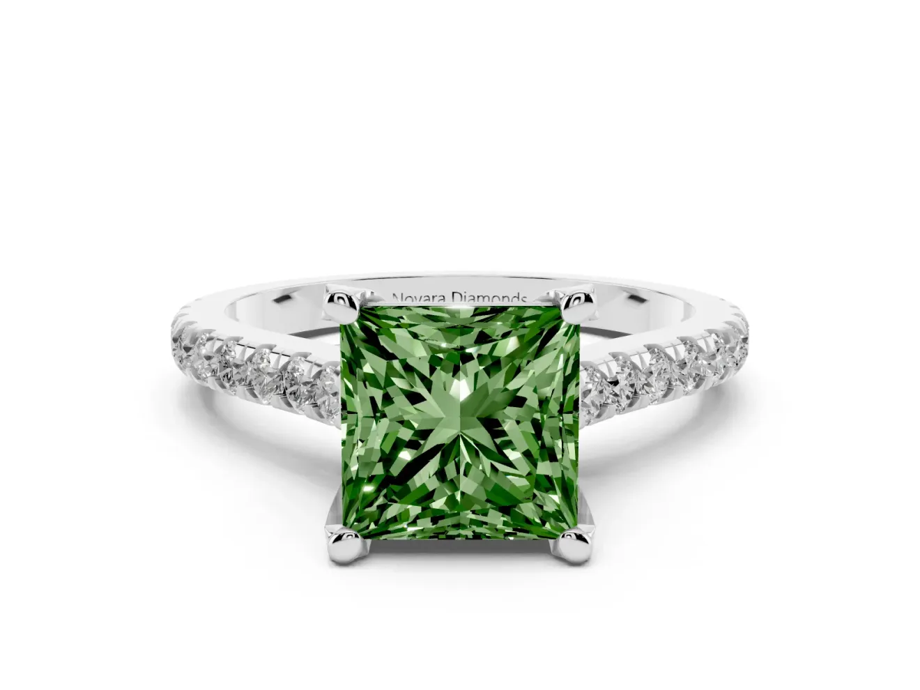 Princess Cut Hidden Halo Pave Engagement Ring Setting for a Fancy Green Lab-Grown Diamond | Claw Prongs | Platinum