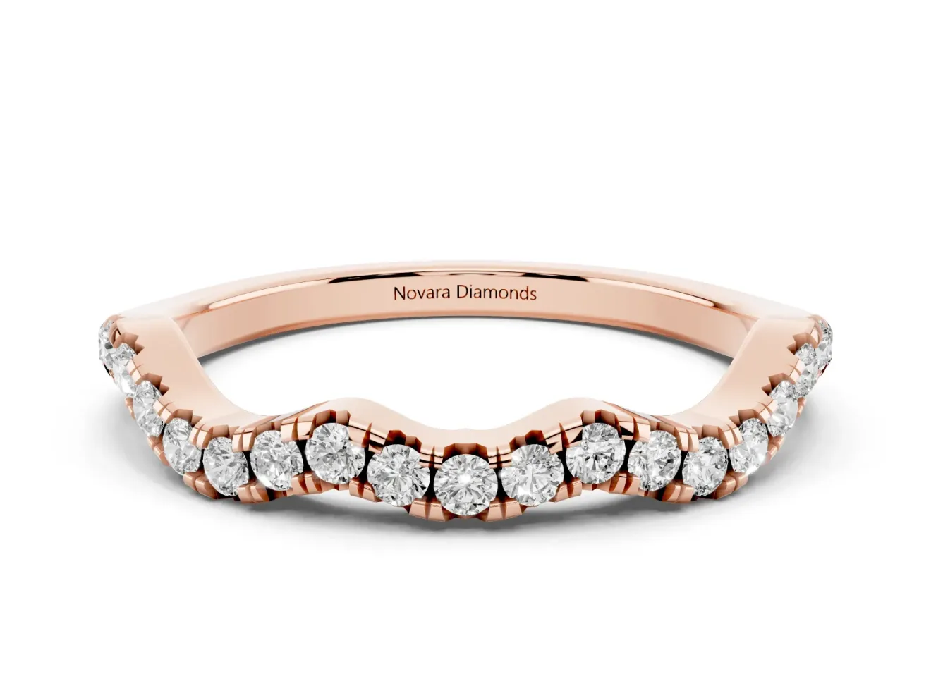 Round Diamond Scalloped Pavé Wedding Band Set in Rose gold with Shared Prong Setting