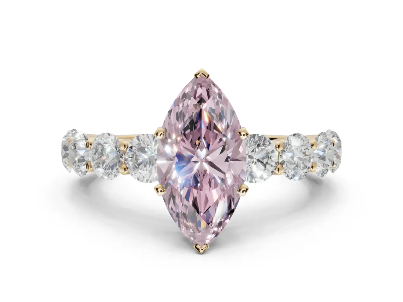 Marquise Side Stone Engagement Ring Setting for a Fancy Pink Lab-Grown Diamond | Scalloped Prong Accents | Yellow Gold