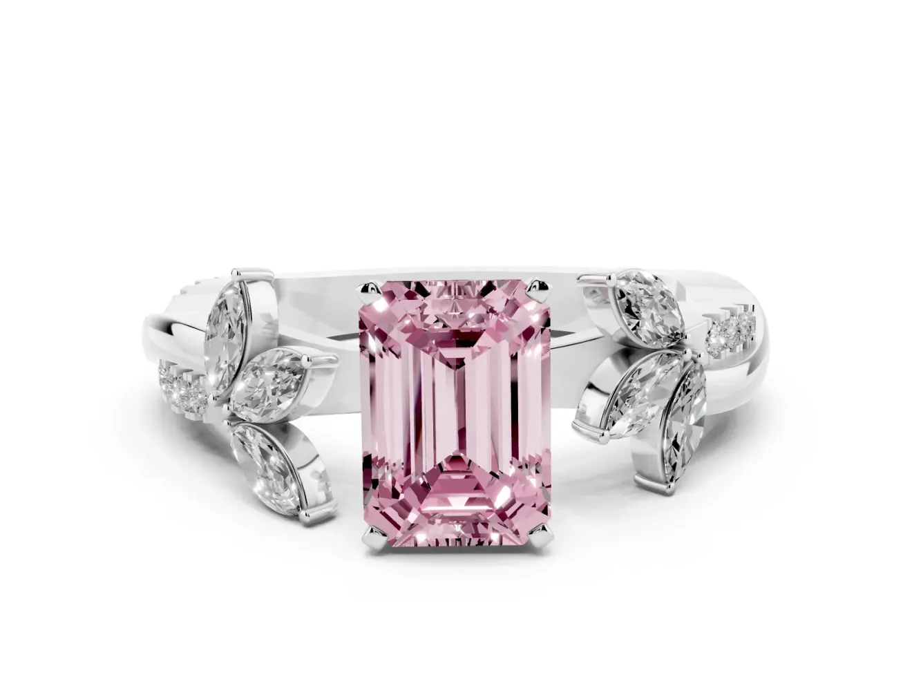 Fancy Pink Emerald Cut Diamond Floral Vine Solitaire Engagement Ring Set in Platinum with Marquise Leaves