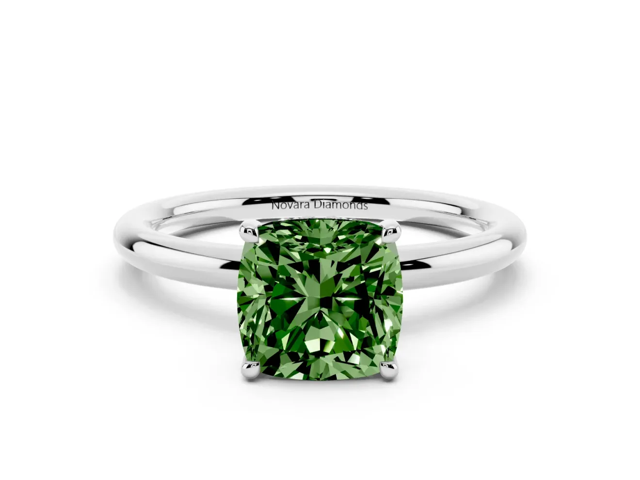 Fancy Green Cushion Cut Diamond Solitaire Ring Set in Silver with Thin Band and Prong Setting