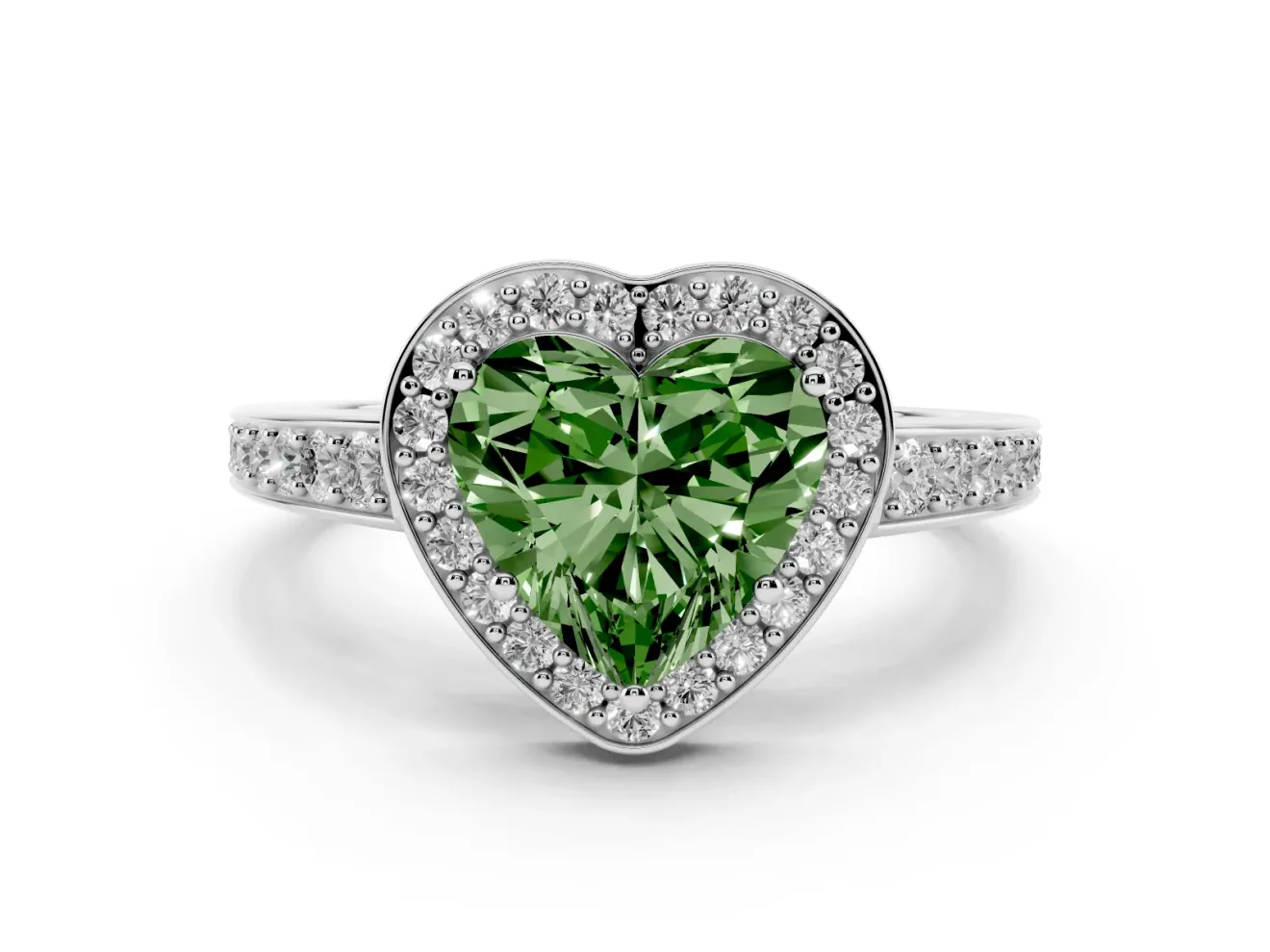 Fancy Green Heart Cut Diamond Halo Pavé Engagement Ring Set in Platinum with Bezel Setting