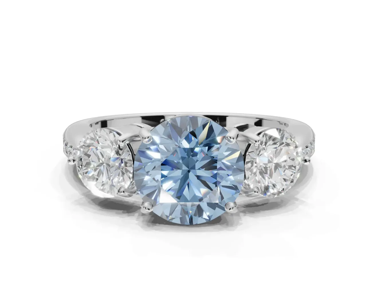 Round Three Stone Engagement Ring Setting for a Fancy Blue Lab-Grown Diamond | Tapered Pave Band | Sterling Silver
