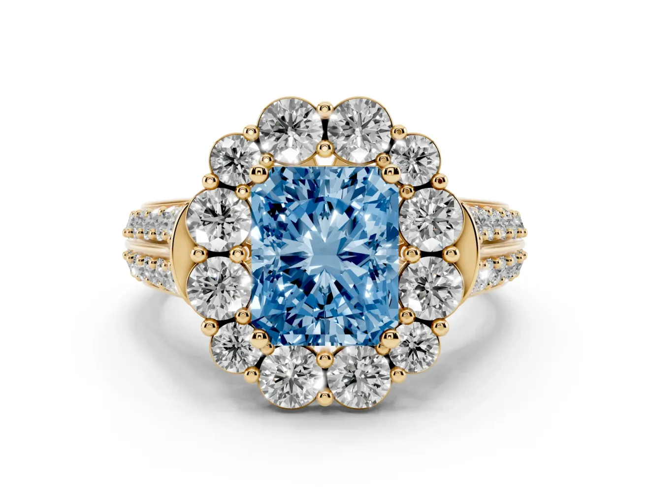 Fancy Blue Radiant Cut Diamond Halo Engagement Ring Set in Yellow gold with Split Shank and Prong Setting