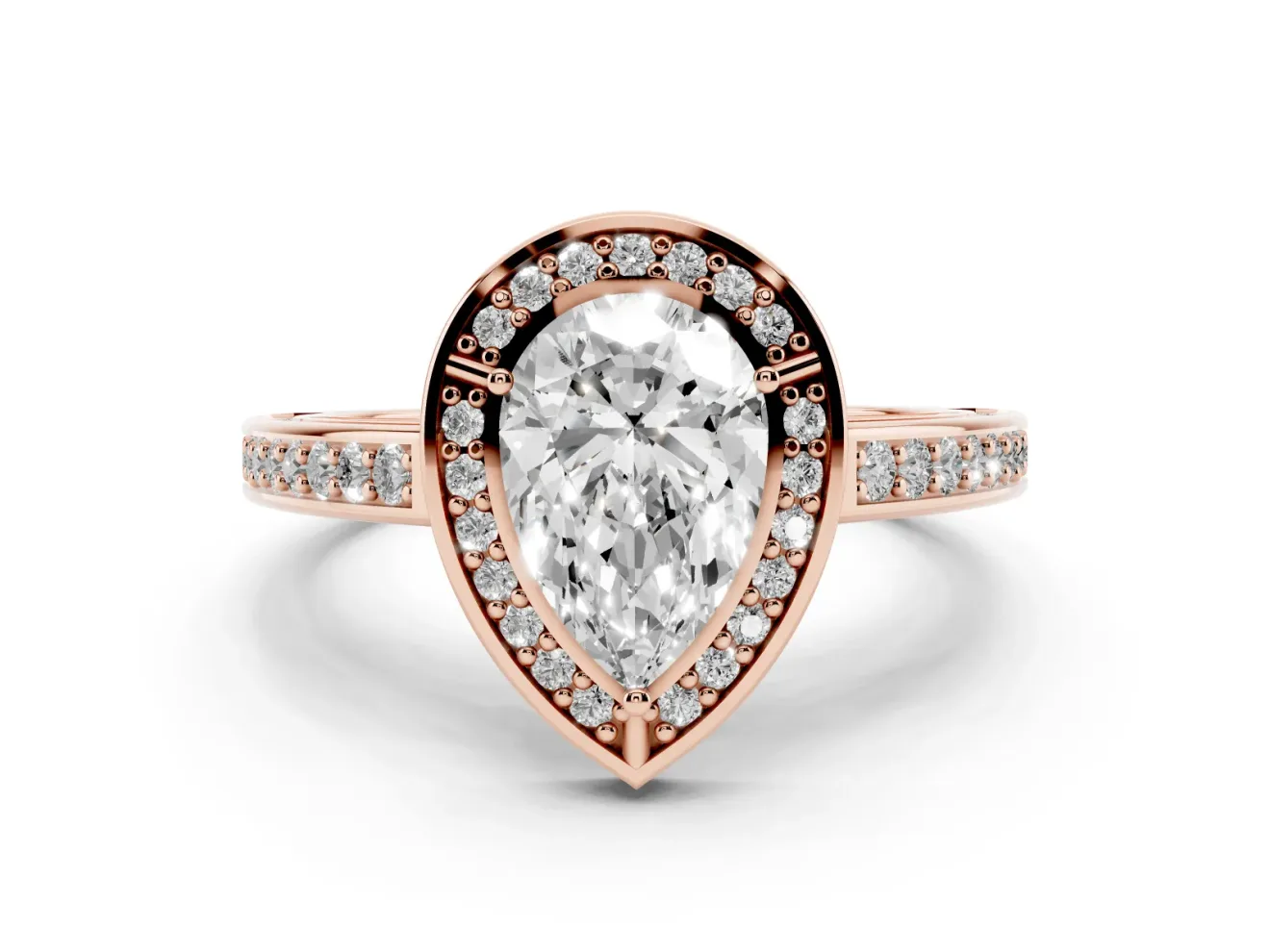 Pear Cut Diamond Halo Pavé Split Shank Ring Set in Rose gold with Prong Setting