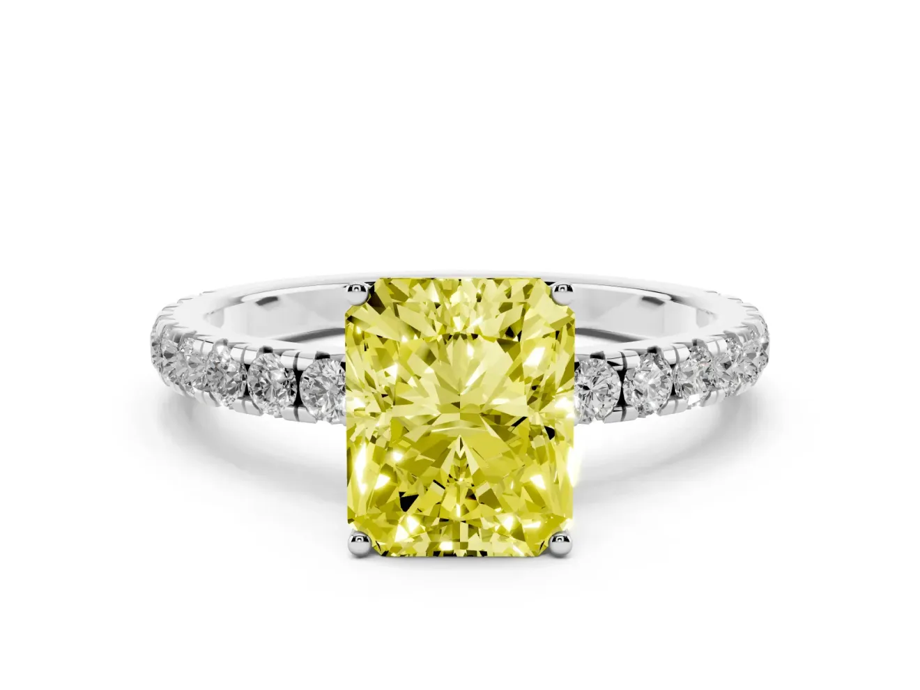 Radiant Cut Pave Solitaire Engagement Ring Setting for a Fancy Yellow Lab-Grown Diamond | Shared Prong Band | White Gold
