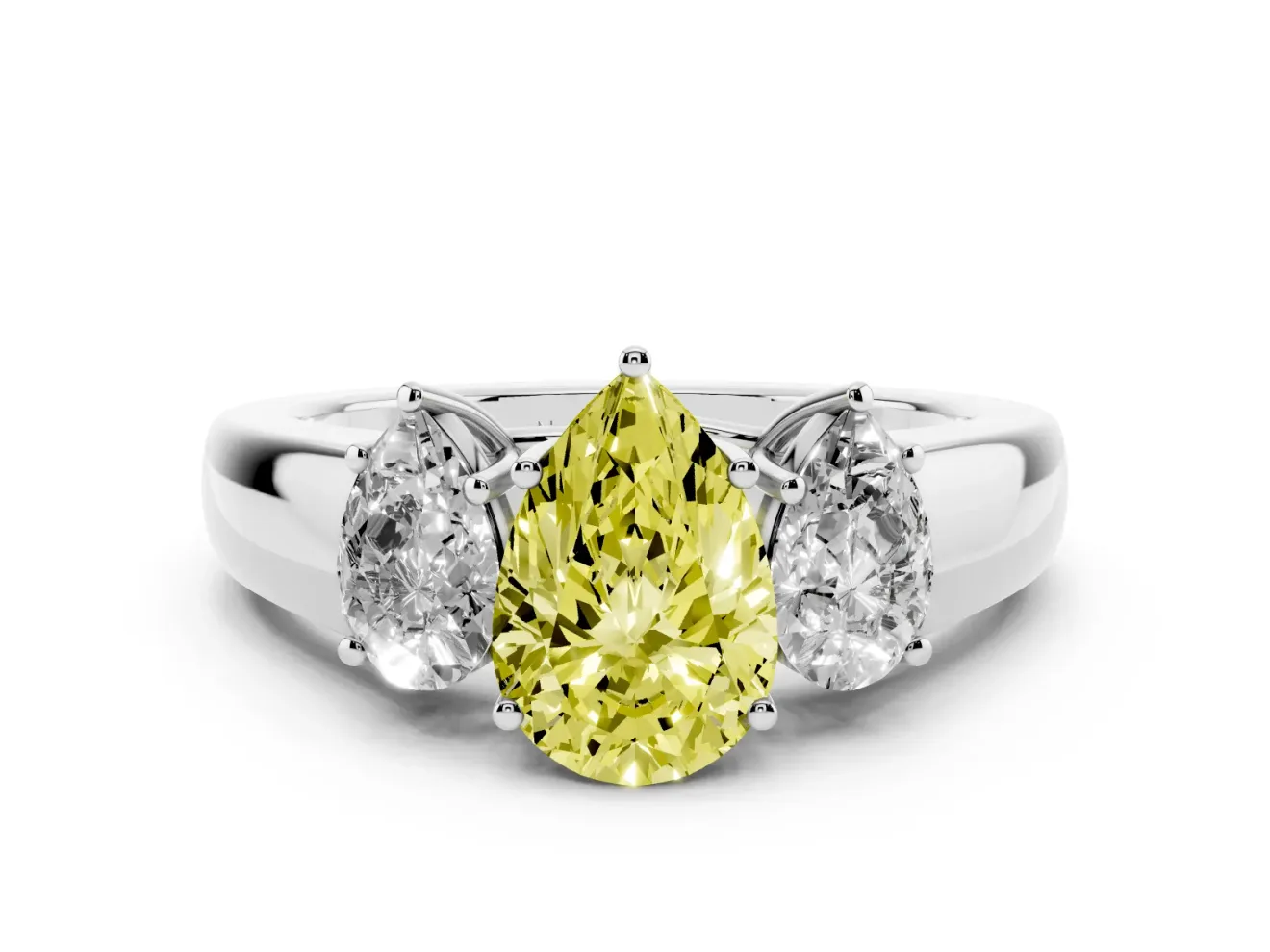 Fancy Yellow Three-Stone Pear Cut Diamond Ring Set in Platinum with Matching Prong Settings and Plain Band