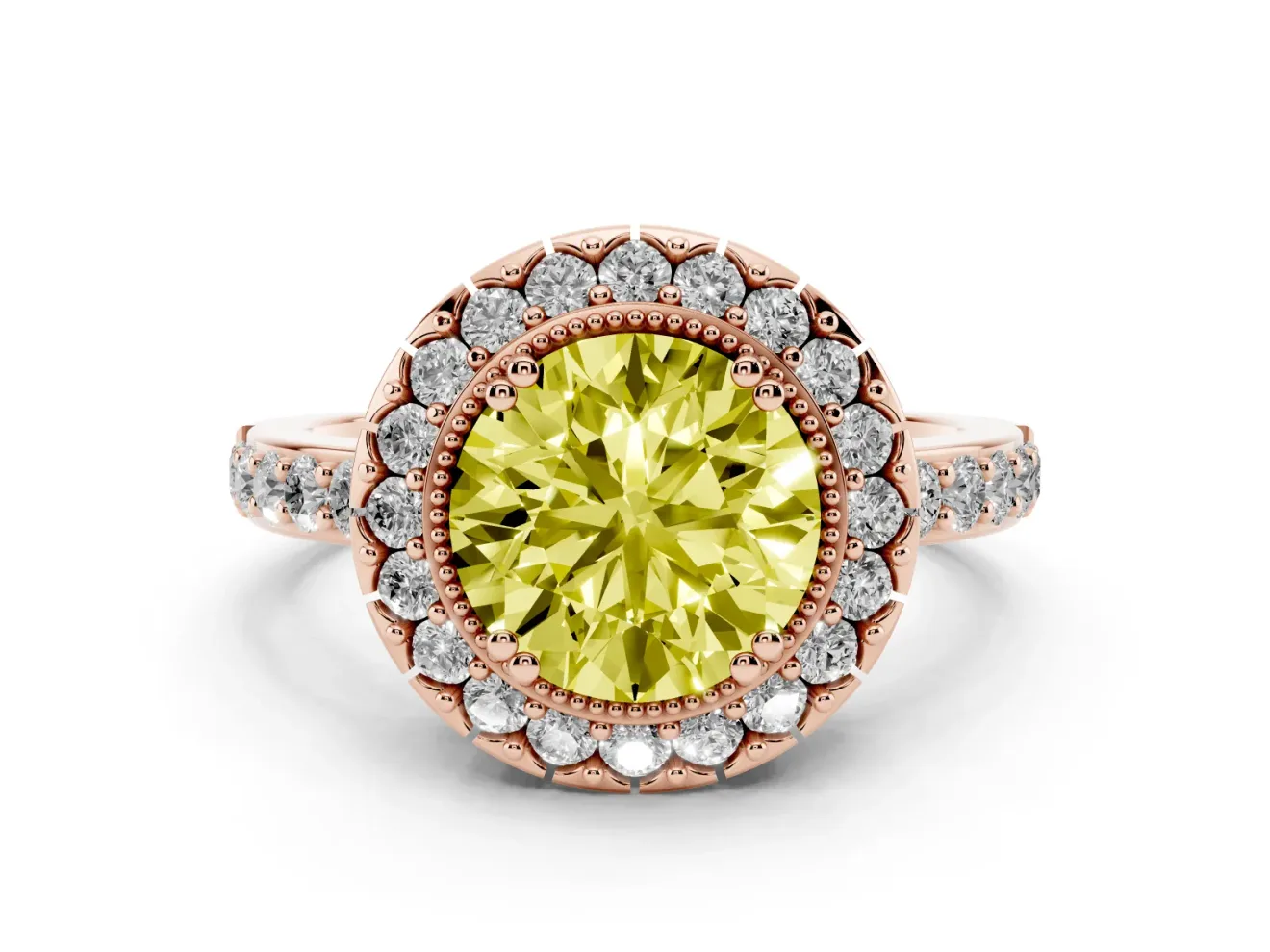 Round Vintage Milgrain Halo Engagement Ring Setting for a Fancy Yellow Lab-Grown Diamond | Pierced Gallery | Rose Gold