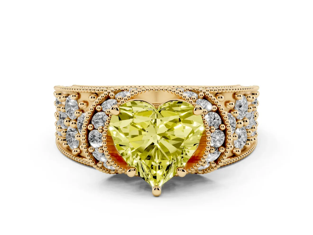 Heart-Shaped Vintage Pave Engagement Ring Setting for a Fancy Yellow Lab-Grown Diamond | Milgrain Edges | Yellow Gold