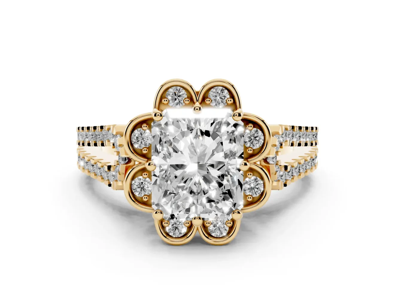 Radiant Cut Petal Frame Floral Halo Engagement Ring Setting | Pavé Split Shank | Yellow Gold