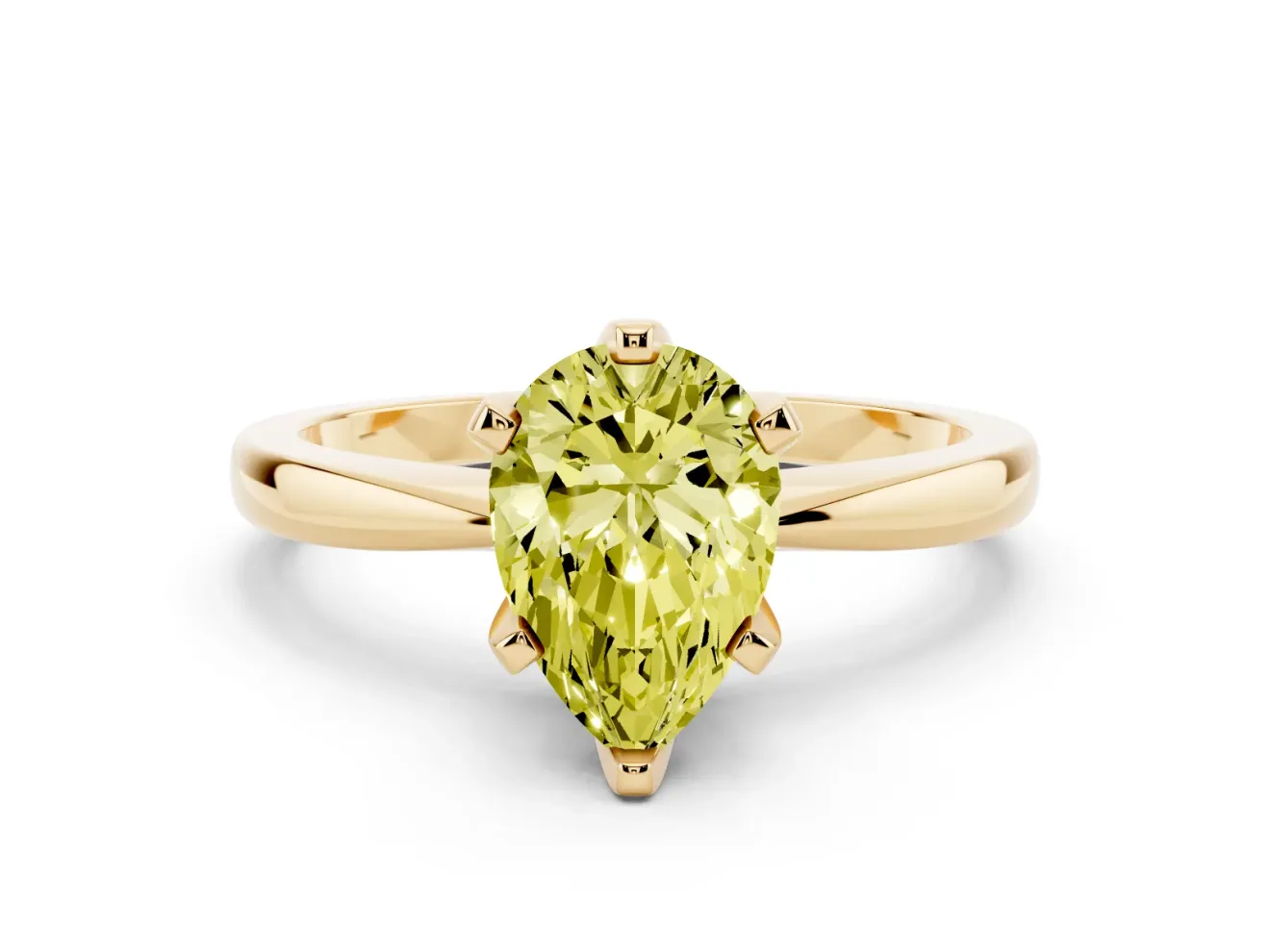 Fancy Yellow Pear Cut Diamond Solitaire Engagement Ring Set in Yellow gold with Slim Tapered Solitaire Band