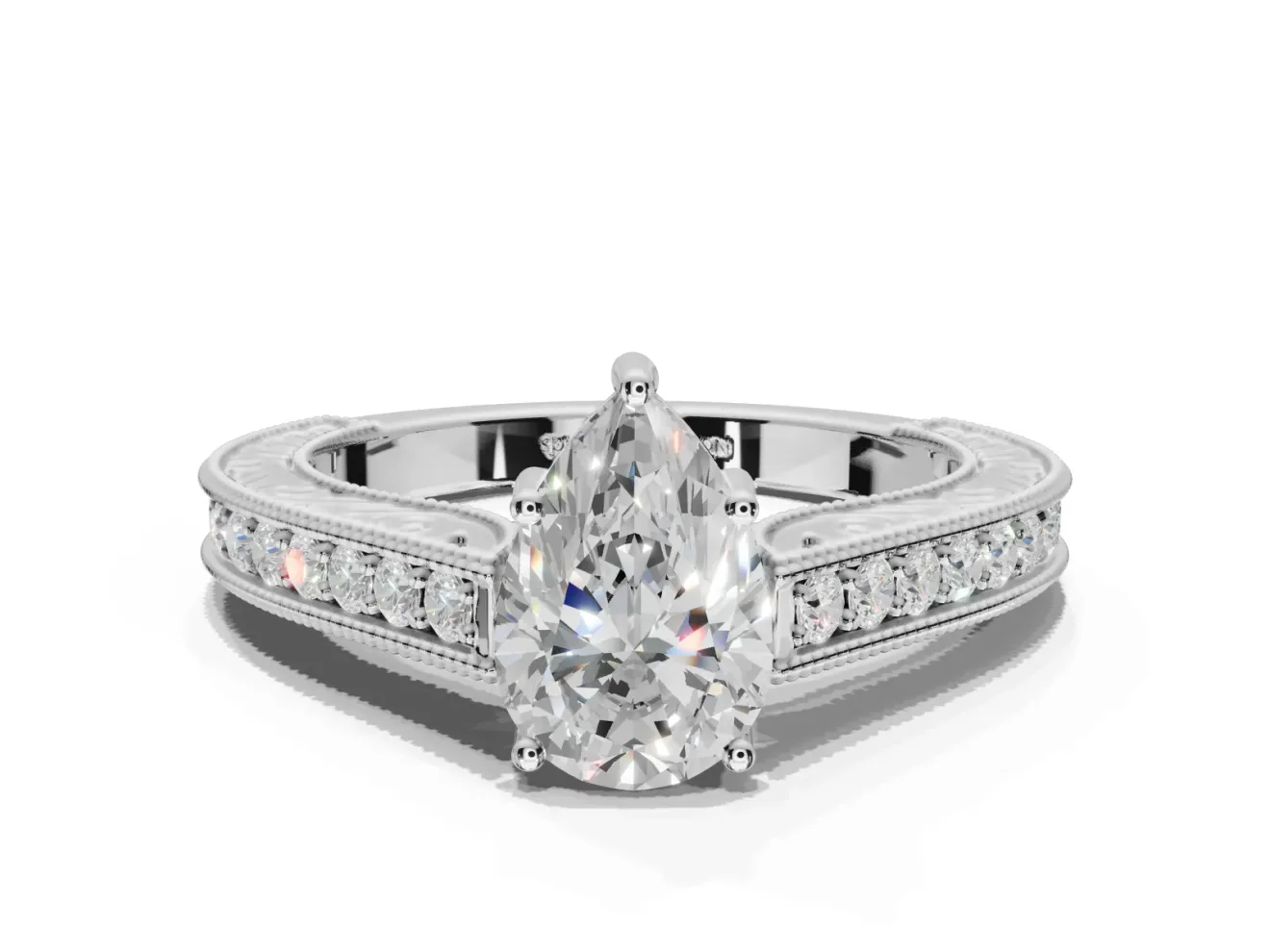 Pear-Shaped Vintage Engraved Pavé Engagement Ring Setting | Milgrain Edges | Sterling Silver