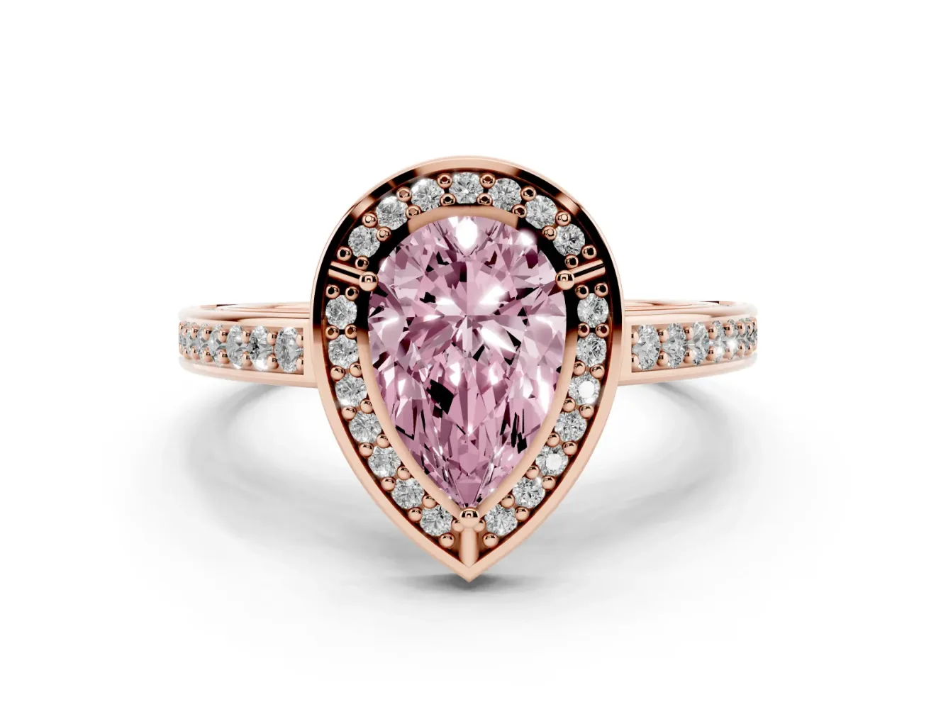 Fancy Pink Pear Cut Diamond Halo Pavé Split Shank Ring Set in Rose gold with Prong Setting