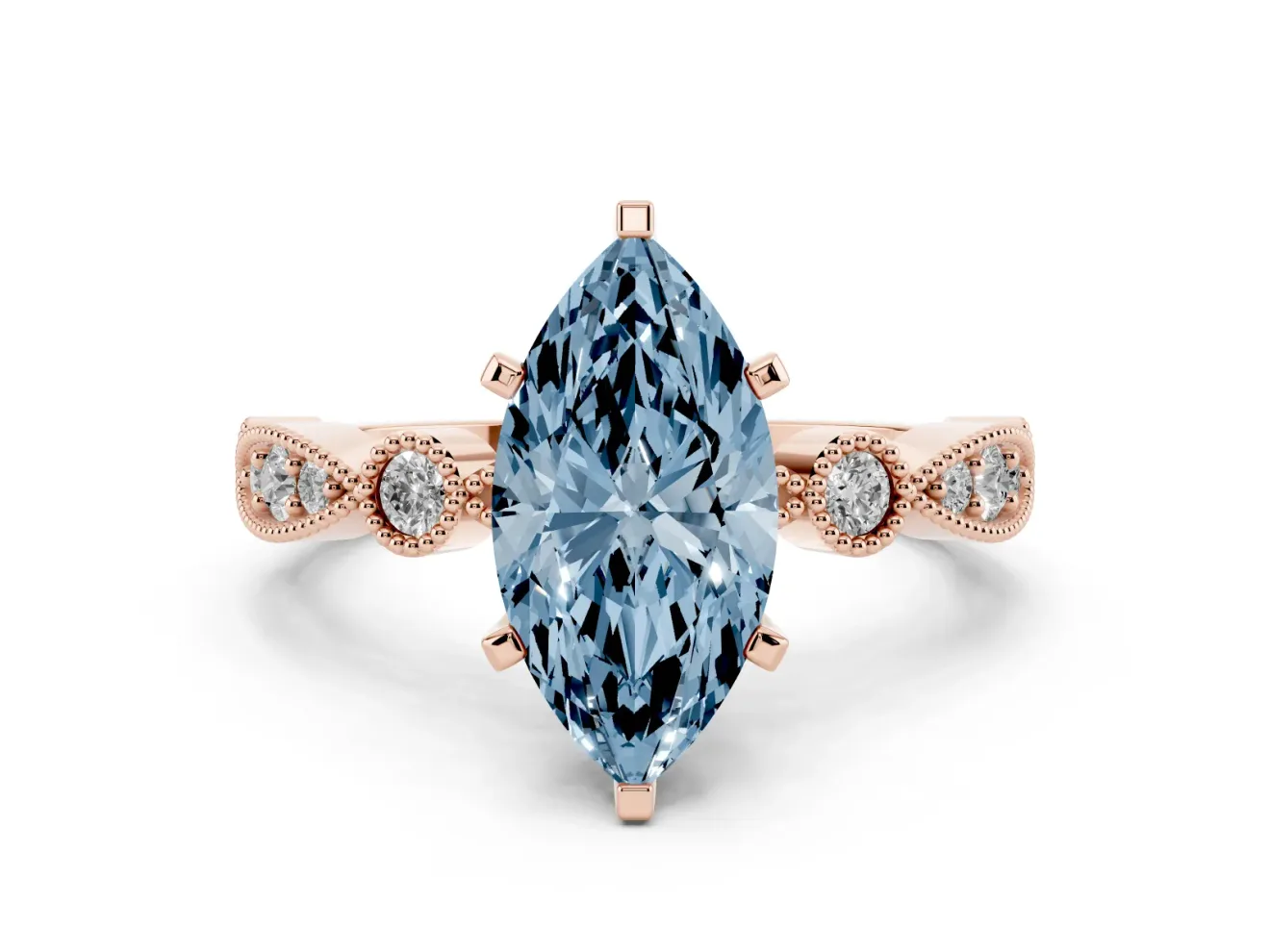 Fancy Blue Marquise Cut Diamond Solitaire Engagement Ring Set in Rose gold with Milgrain Bezel Accent Band