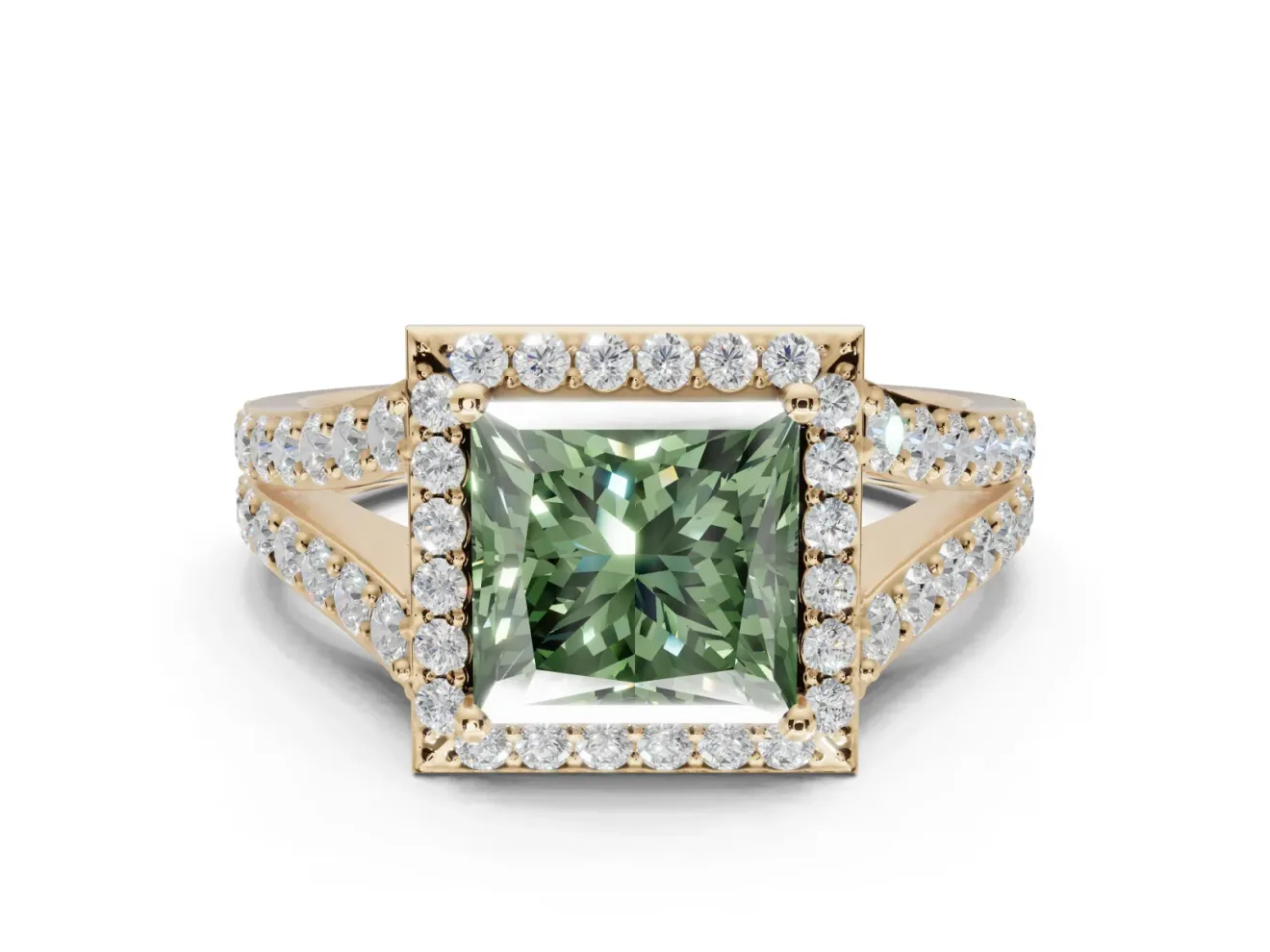 Princess Cut Halo Pavé Engagement Ring Setting for a Fancy Green Lab-Grown Diamond | Narrow Split Shank | Yellow Gold