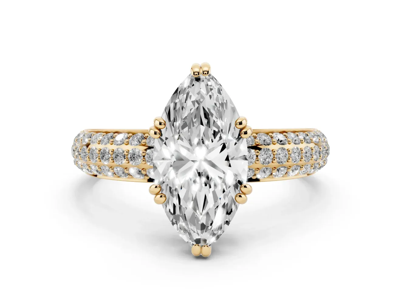 Marquise Three Row Pave Solitaire Engagement Ring Setting | Double Claw Prongs | Yellow Gold