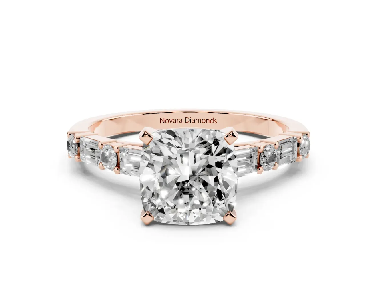 Cushion Cut Diamond Solitaire Set in Rose gold with Side Baguettes and Channel Set Band