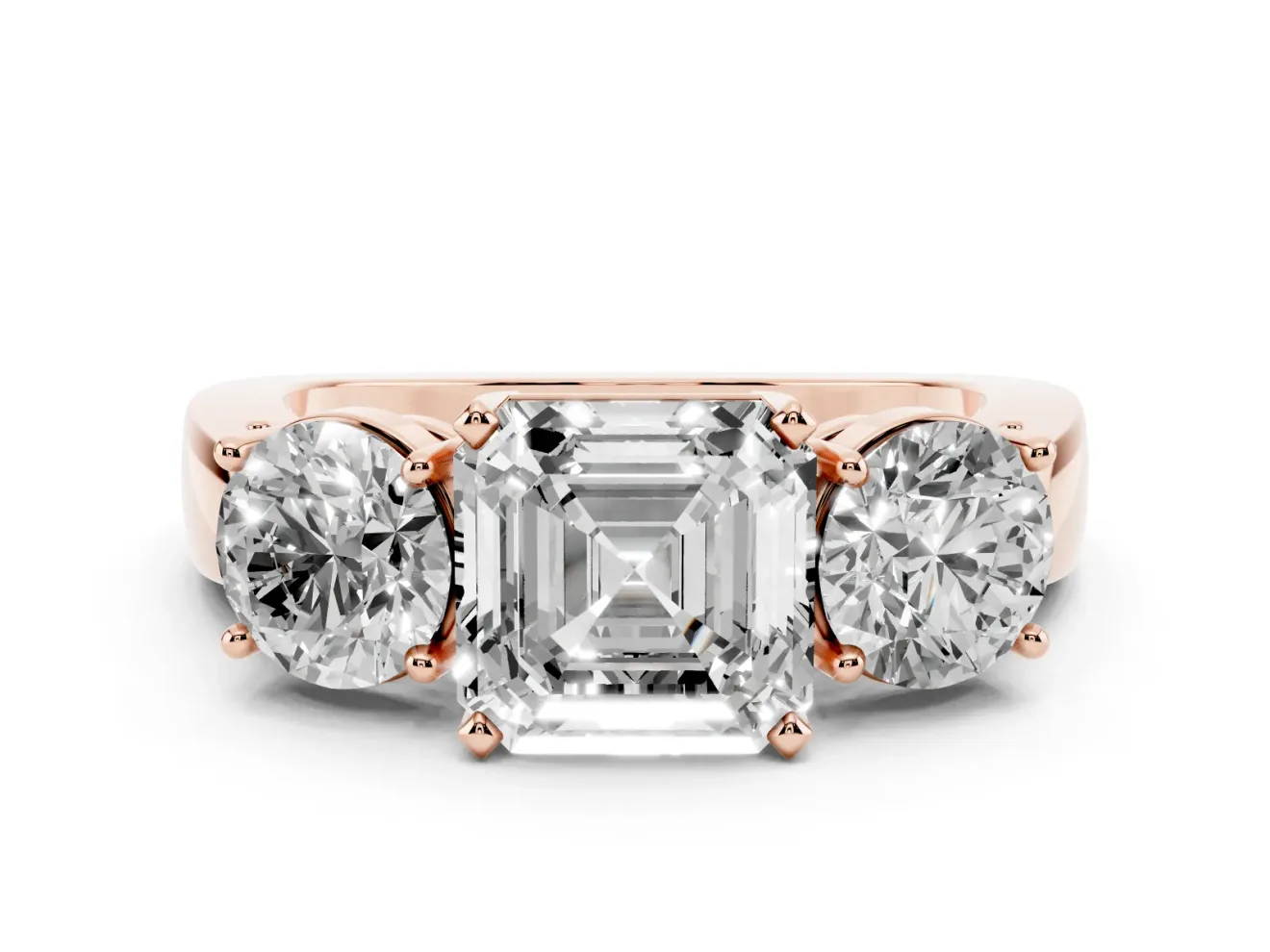 Asscher Cut Three Stone Engagement Ring Setting | Wide Plain Band | Rose Gold