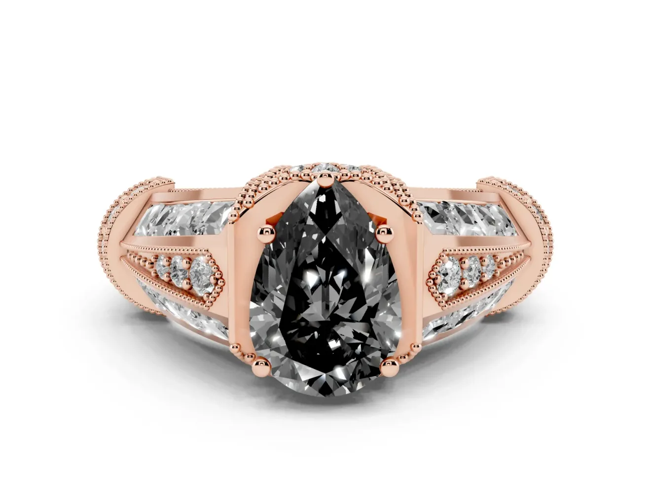 Fancy Black Pear Cut Diamond Vintage-Inspired Milgrain Ring Set in Rose gold with Accent Split Shank