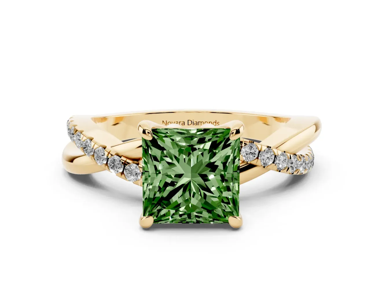 Fancy Green Princess Cut Diamond Twist Band Solitaire Set in Yellow gold with Pavé Accents and Prong Setting