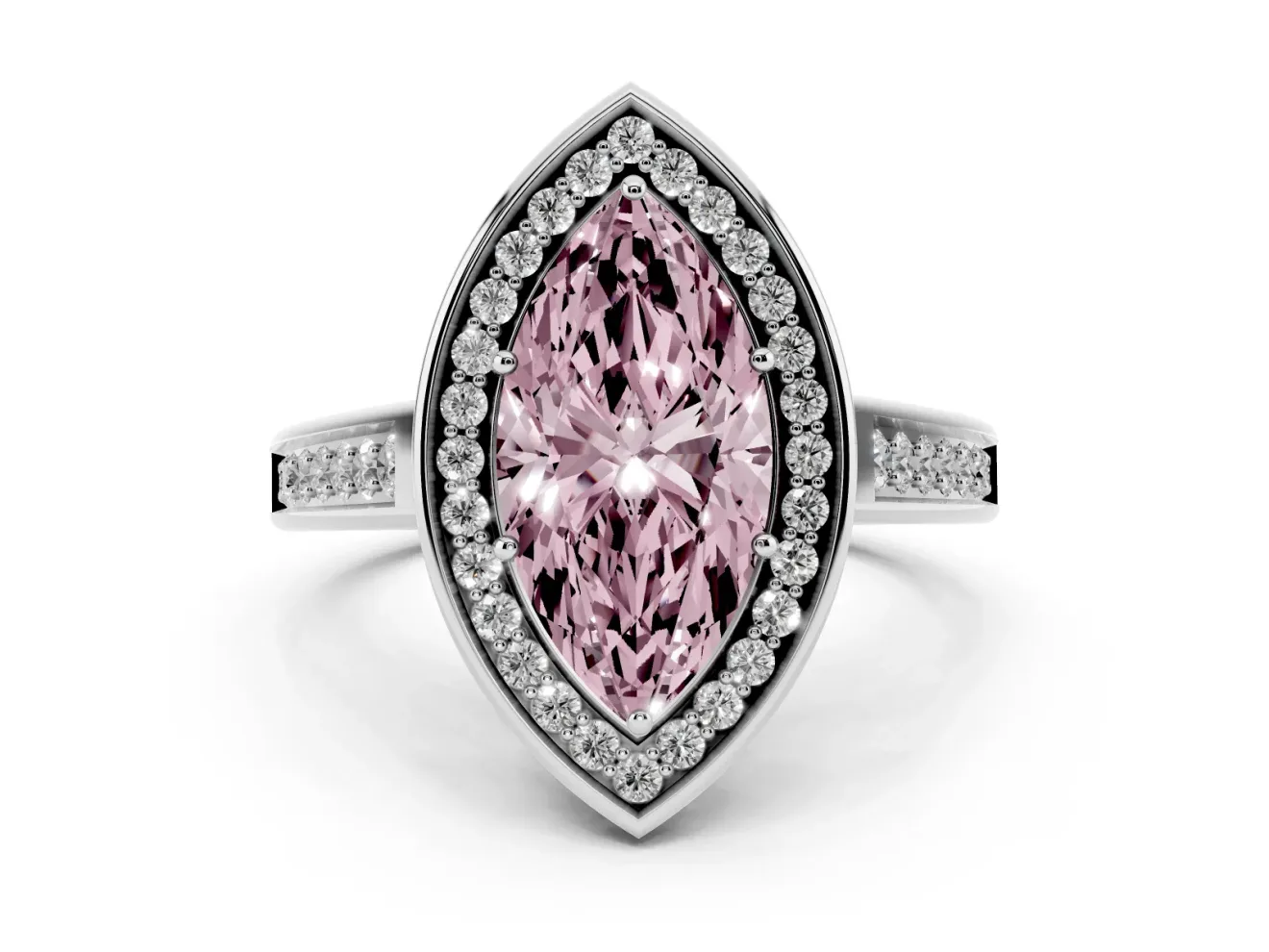 Fancy Pink Marquise Cut Diamond Halo Solitaire Ring Set in Silver with Pavé Band and Bezel Setting