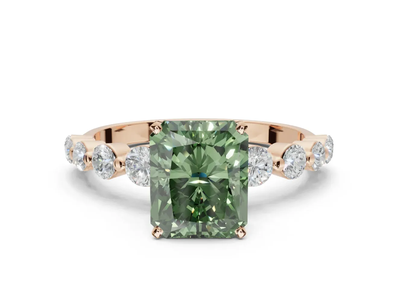 Radiant Cut Graduated Side Stone Engagement Ring Setting for a Fancy Green Lab-Grown Diamond | Rose Gold