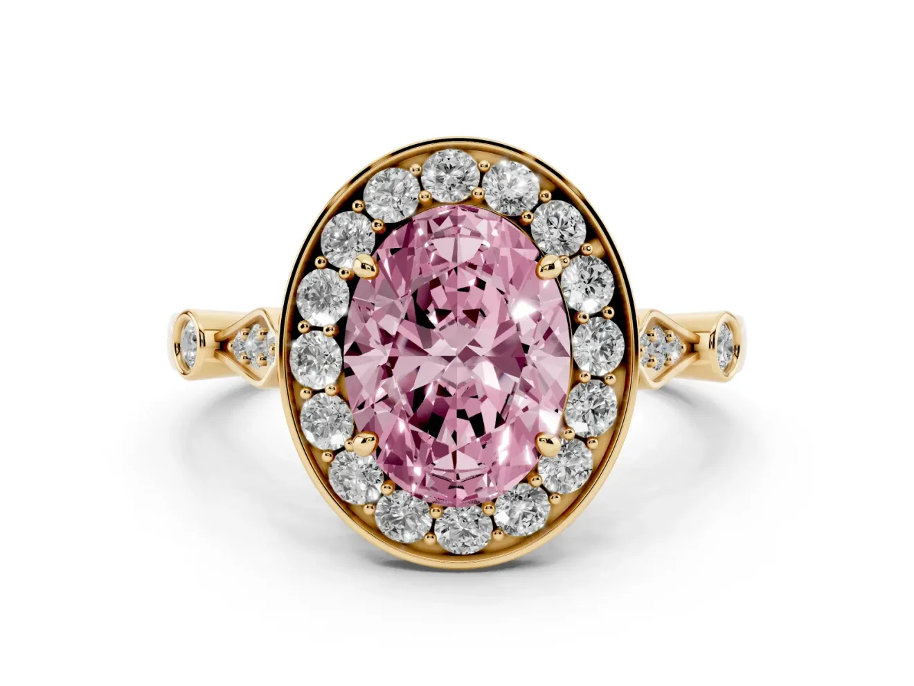 Oval Halo Engagement Ring Setting for a Fancy Pink Lab-Grown Diamond | Bezel Stations | Yellow Gold