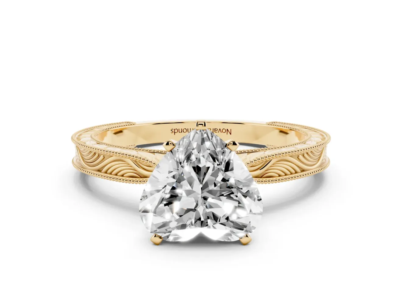 Heart-Shaped Engraved Solitaire Engagement Ring Setting | Milgrain Edges | Yellow Gold