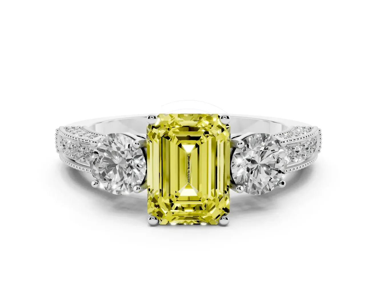 Emerald Cut Three Stone Engagement Ring Setting for a Fancy Yellow Lab-Grown Diamond | Graduated Pave Band | White Gold