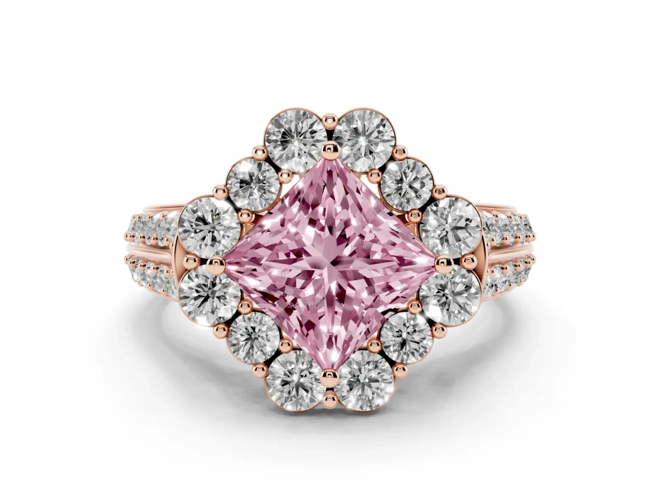 Princess Cut Large Accent Halo Engagement Ring Setting for a Fancy Pink Lab-Grown Diamond | Graduated Pavé | Rose Gold