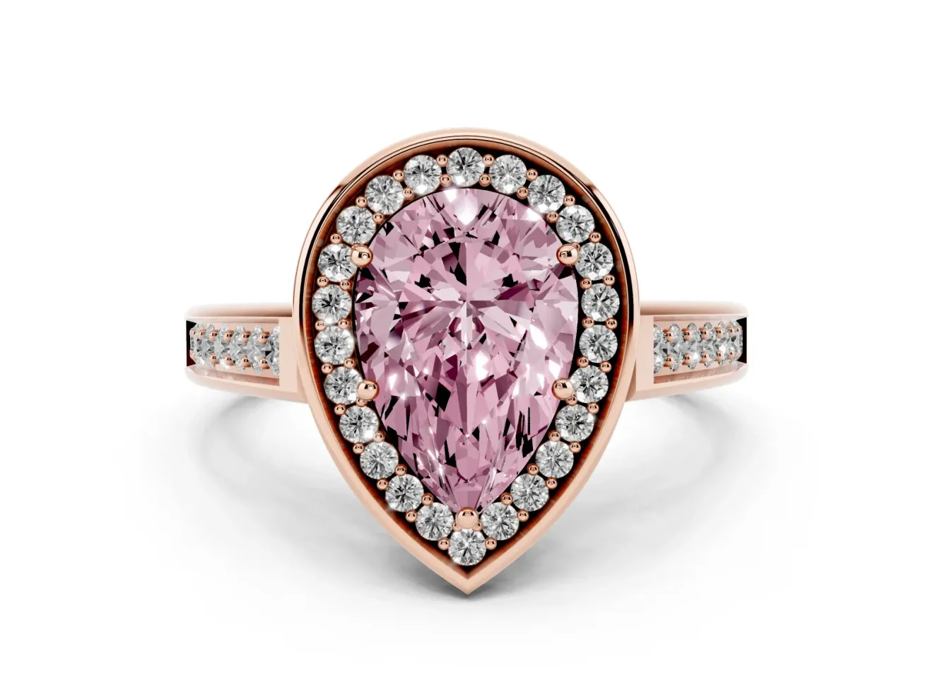 Fancy Pink Pear Cut Diamond Halo Solitaire Ring Set in Rose gold with Pavé Band and Bezel Setting