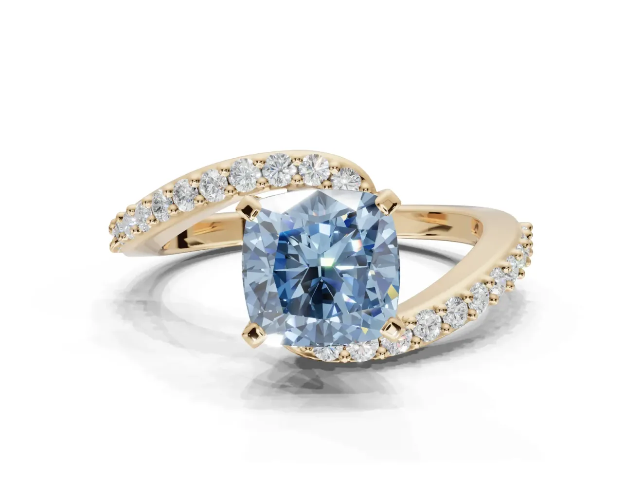 Cushion Cut Bypass Pavé Engagement Ring Setting for a Fancy Blue Lab-Grown Diamond | Yellow Gold
