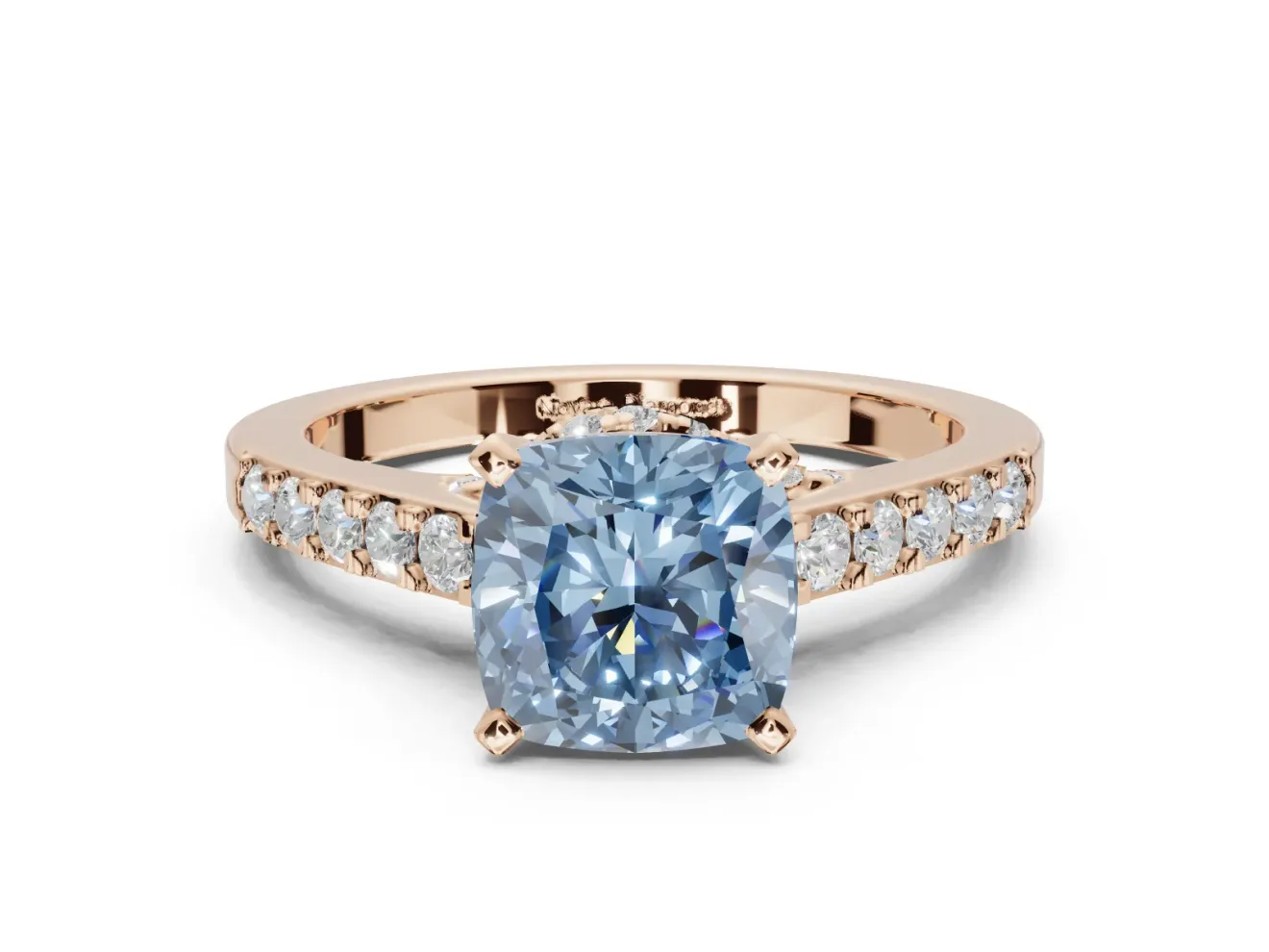 Cushion Cut Pavé Solitaire Engagement Ring Setting for a Fancy Blue Lab-Grown Diamond | Crossover Gallery | Rose Gold