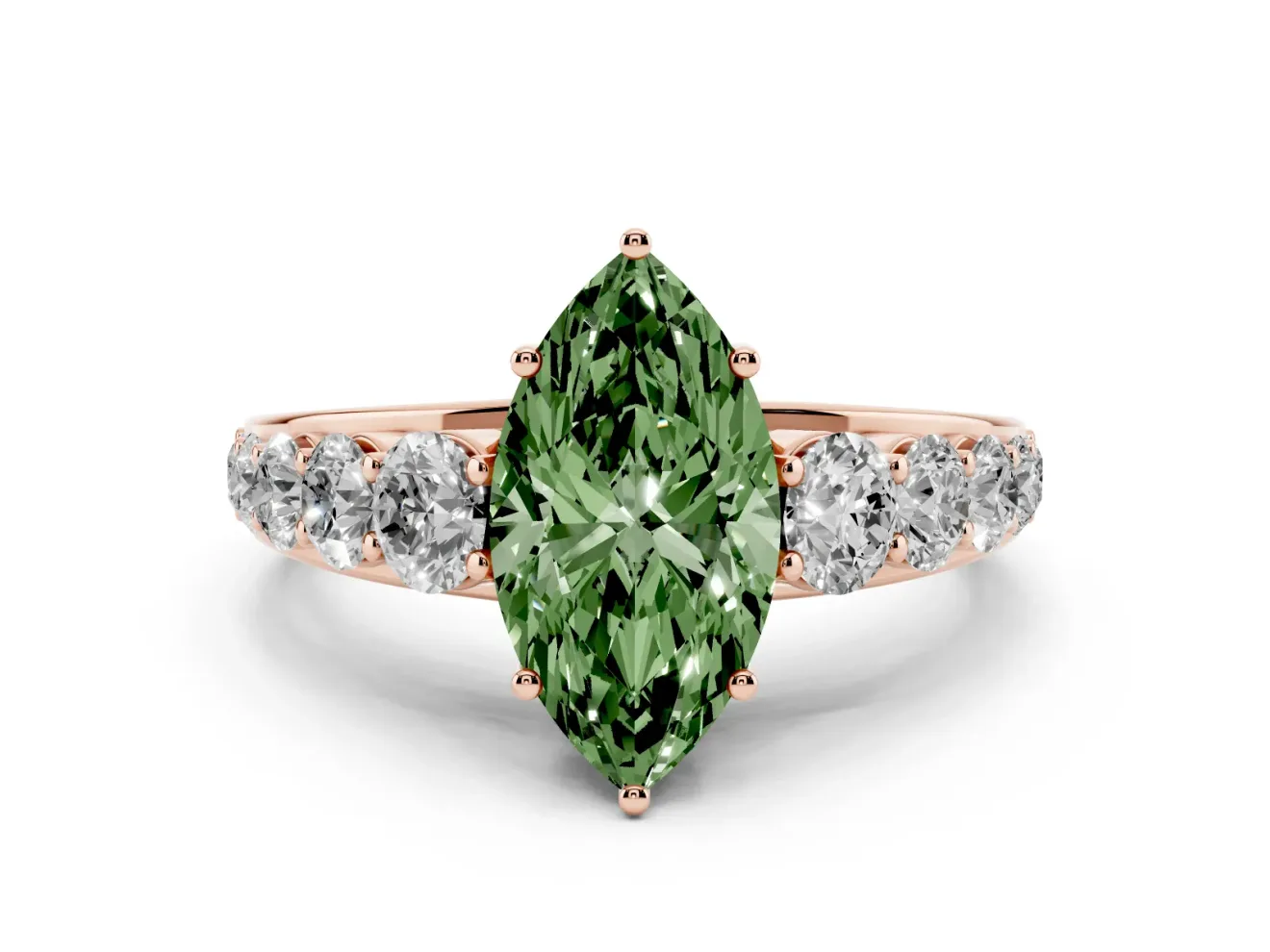 Marquise Graduated Side Stone Engagement Ring Setting for a Fancy Green Lab-Grown Diamond | Flat Top Band | Rose Gold