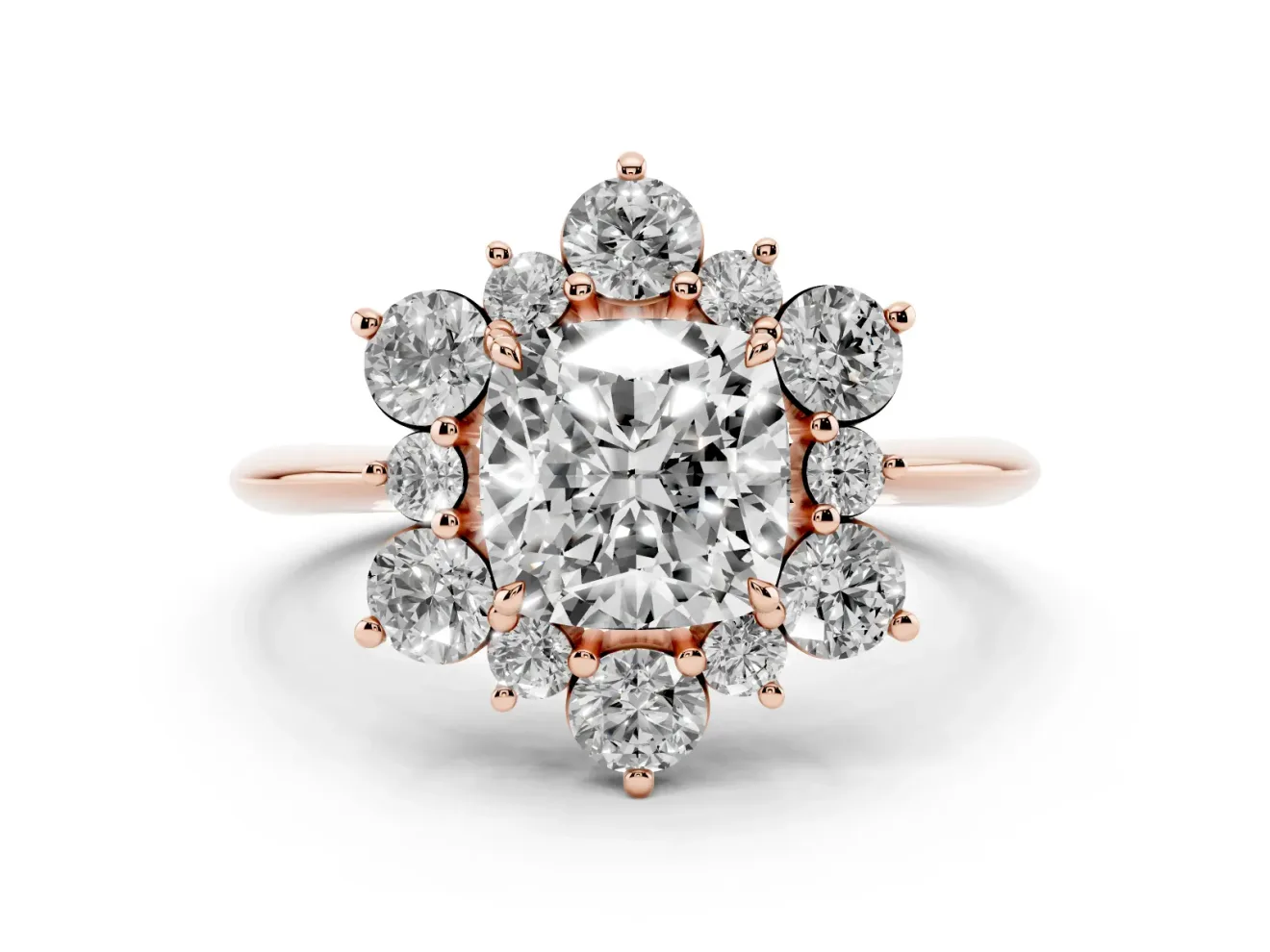 Cushion Cut Cluster Halo Engagement Ring Setting | Two-Size Accents | Rose Gold