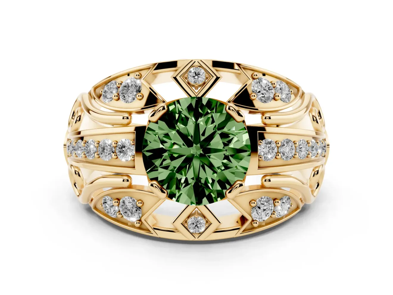 Round Art Deco Graduated Engagement Ring Setting for a Fancy Green Lab-Grown Diamond | Yellow Gold