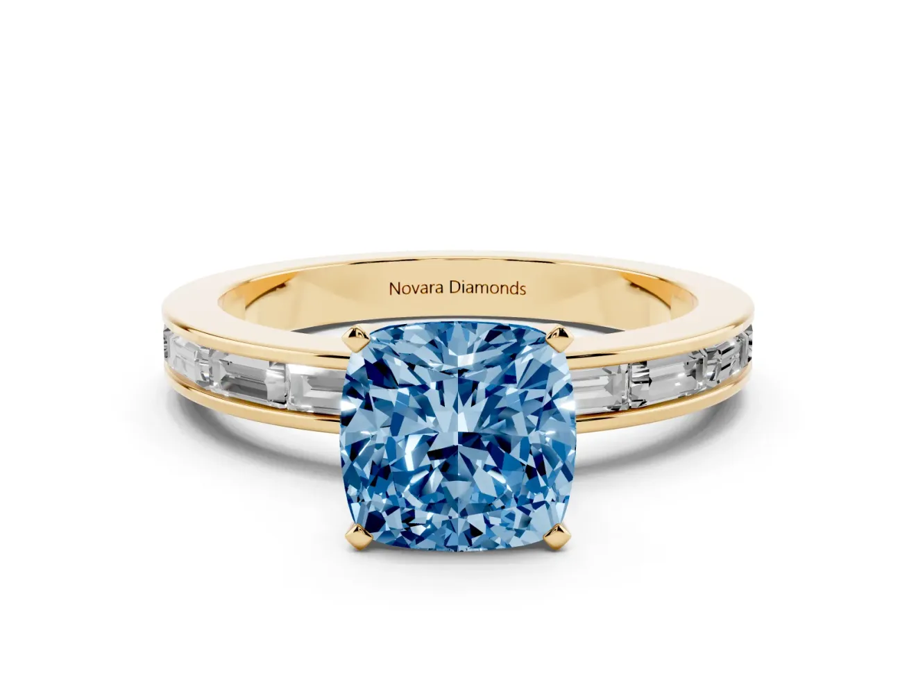 Fancy Blue Cushion Cut Diamond Solitaire Ring Set in Yellow gold with Channel-Set Baguette Band and Prong Setting