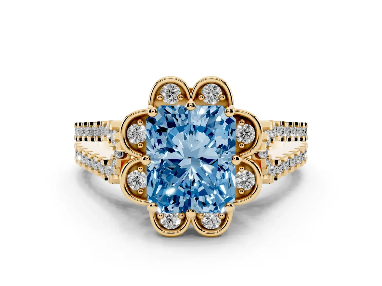 Radiant Cut Floral Halo Engagement Ring Setting for a Fancy Blue Lab-Grown Diamond | Pavé Split Shank | Yellow Gold