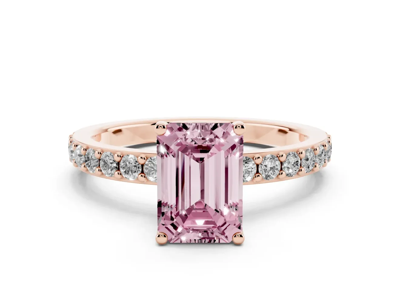 Fancy Pink Emerald Cut Diamond Solitaire Set in Rose gold with Round Pavé Band and Prong Setting