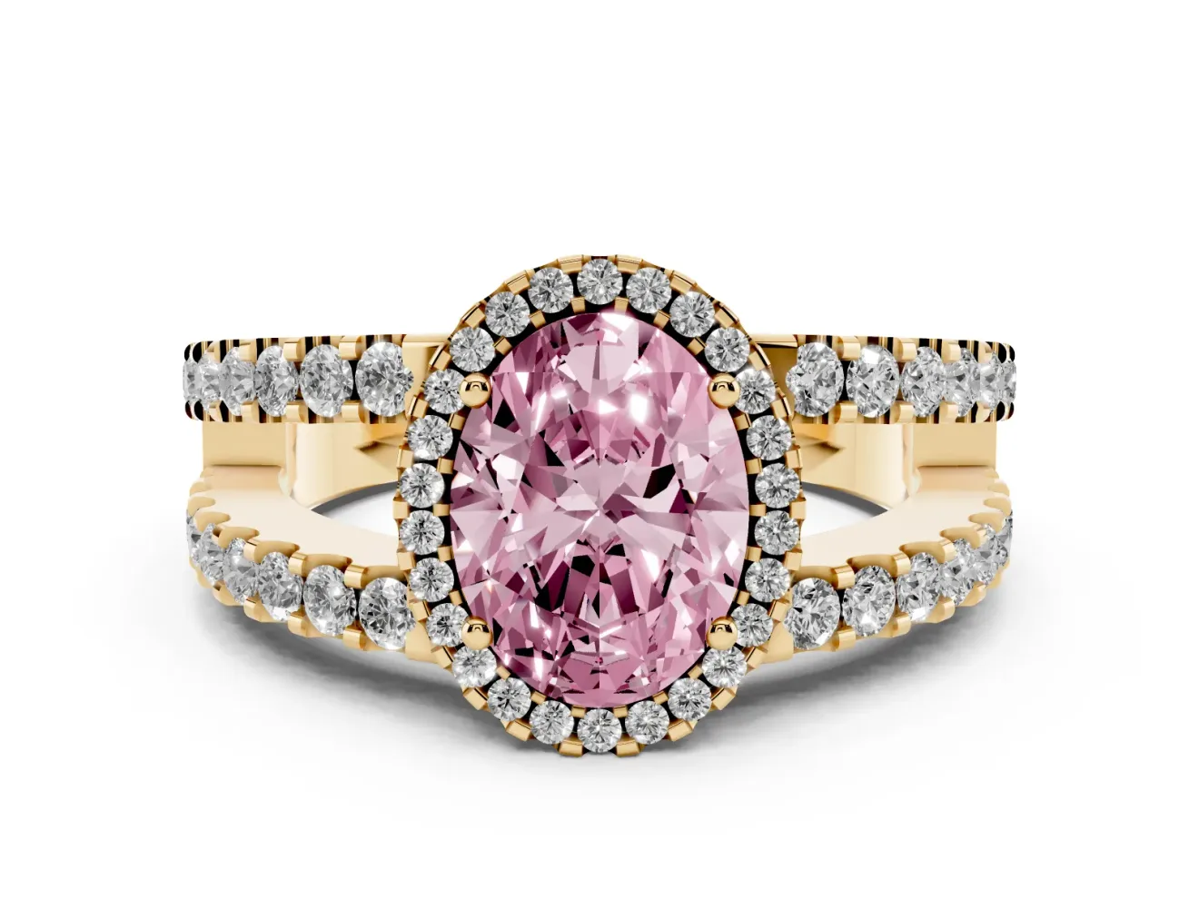 Fancy Pink Oval Cut Diamond Halo Ring Set in Yellow gold with Pavé Split Shank and Prong Setting